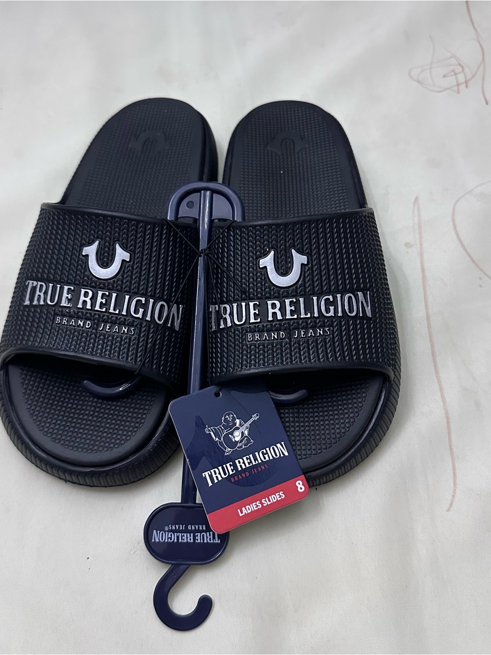 True Religion Black Logo Slide Sandals for Women